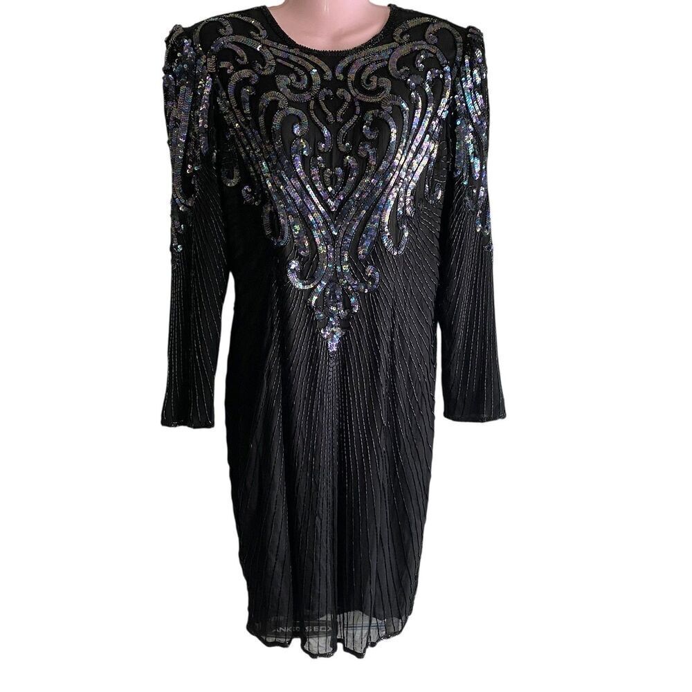 Vintage Patra Dress Womens 12 Black Sequined Long Sleeve Party 80s Glam